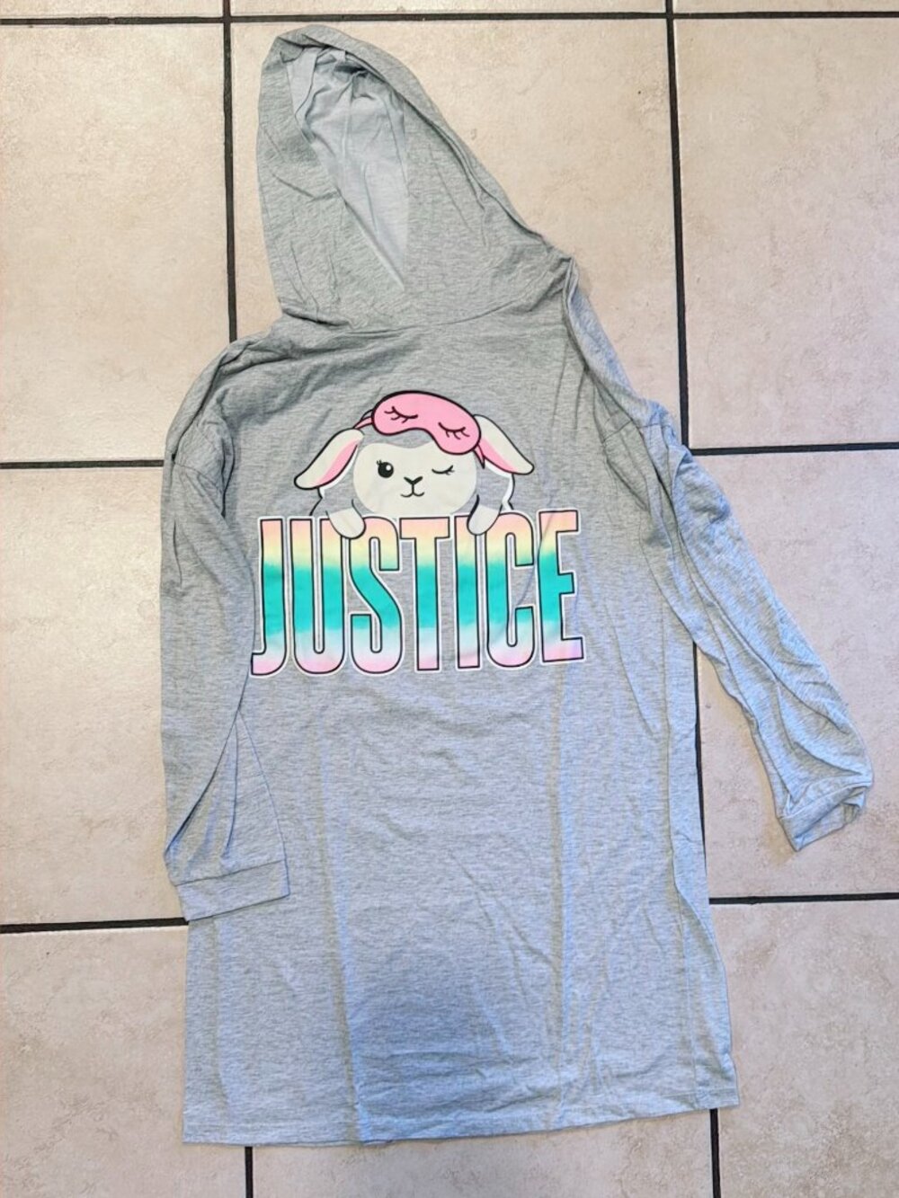 Justice Girls Light Grey Bunny Rainbow Graphic Hooded Nightshirt Size 14/16